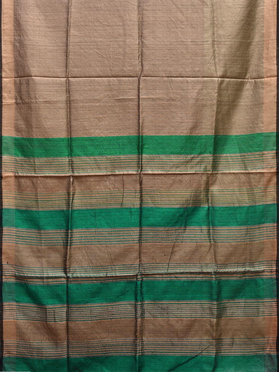 Khaki and Turquoise Tussar Saree with Strips Pallu Design o0549