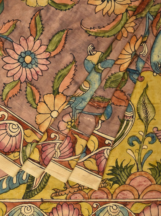 Khaki and Yellow Kalamkari Hand Painted Silk Handloom Saree with Floral and Peacocks Pallu Design KL0762
