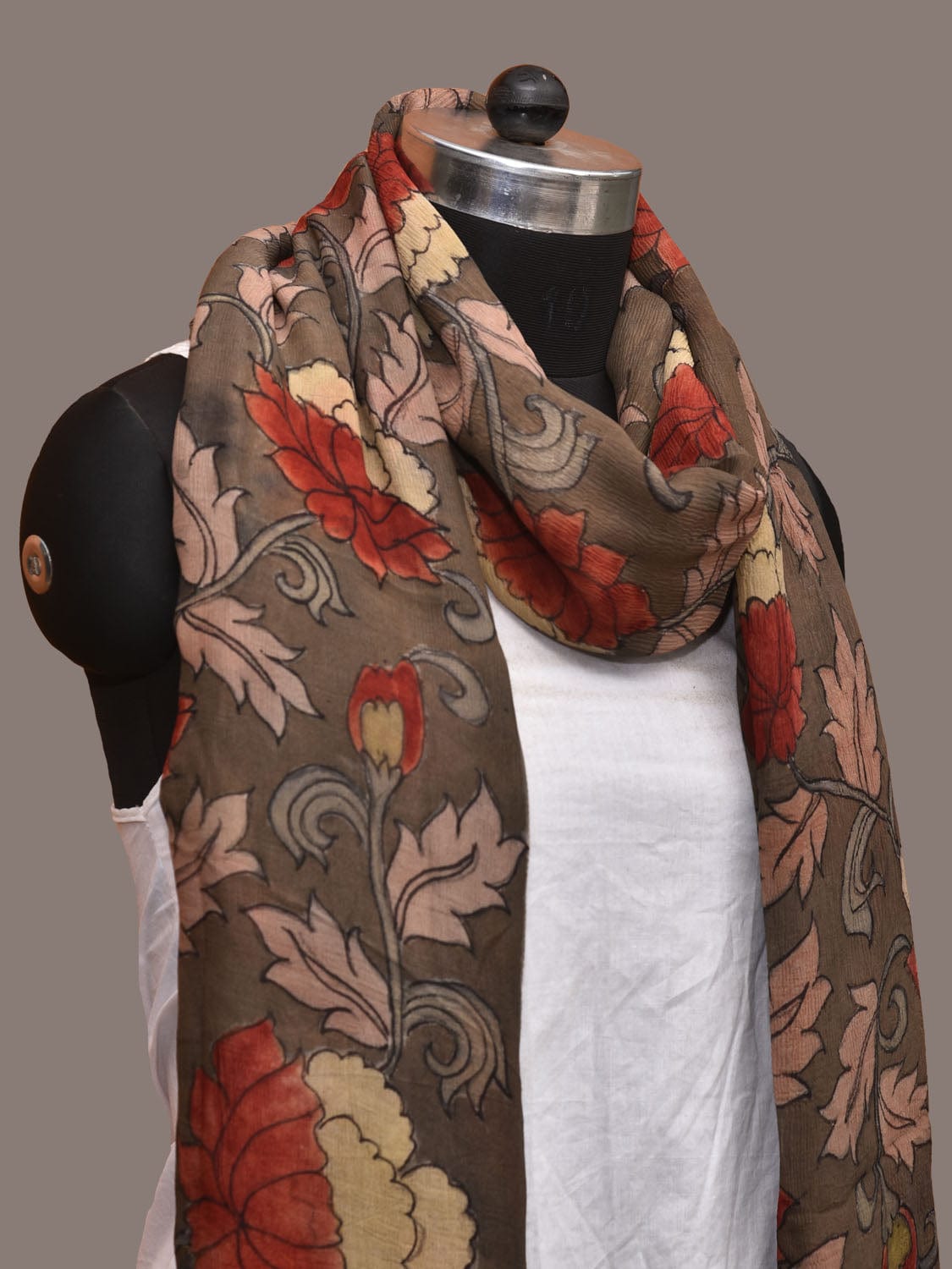 Khaki Kalamkari Hand Painted Banaras Chiffon Dupatta with Lotus Flowers Design ds3166