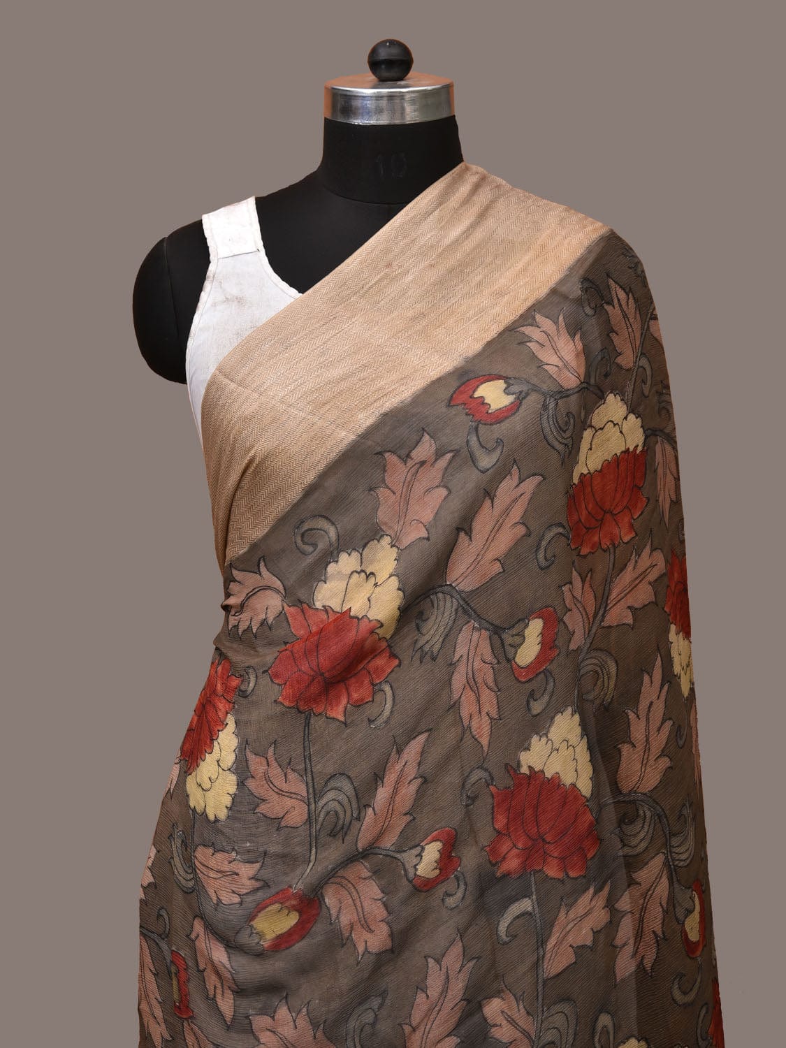 Khaki Kalamkari Hand Painted Banaras Chiffon Dupatta with Lotus Flowers Design ds3166