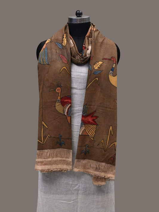 Khaki Kalamkari Hand Painted Cotton Handloom Dupatta with Birds Design ds2447