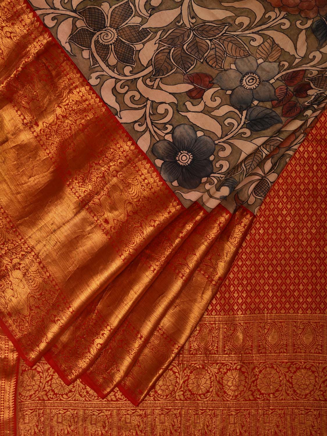 Khaki Kalamkari Hand Painted Kanchipuram Silk Handloom Saree with Floral Design KL0715