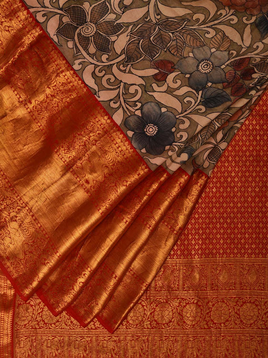 Khaki Kalamkari Hand Painted Kanchipuram Silk Handloom Saree with Floral Design KL0715