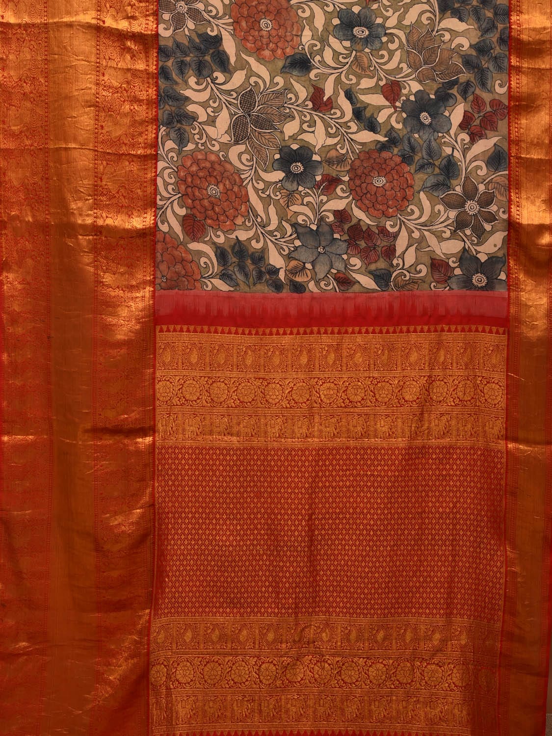 Khaki Kalamkari Hand Painted Kanchipuram Silk Handloom Saree with Floral Design KL0715