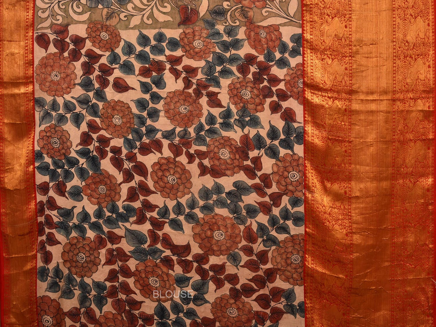 Khaki Kalamkari Hand Painted Kanchipuram Silk Handloom Saree with Floral Design KL0715