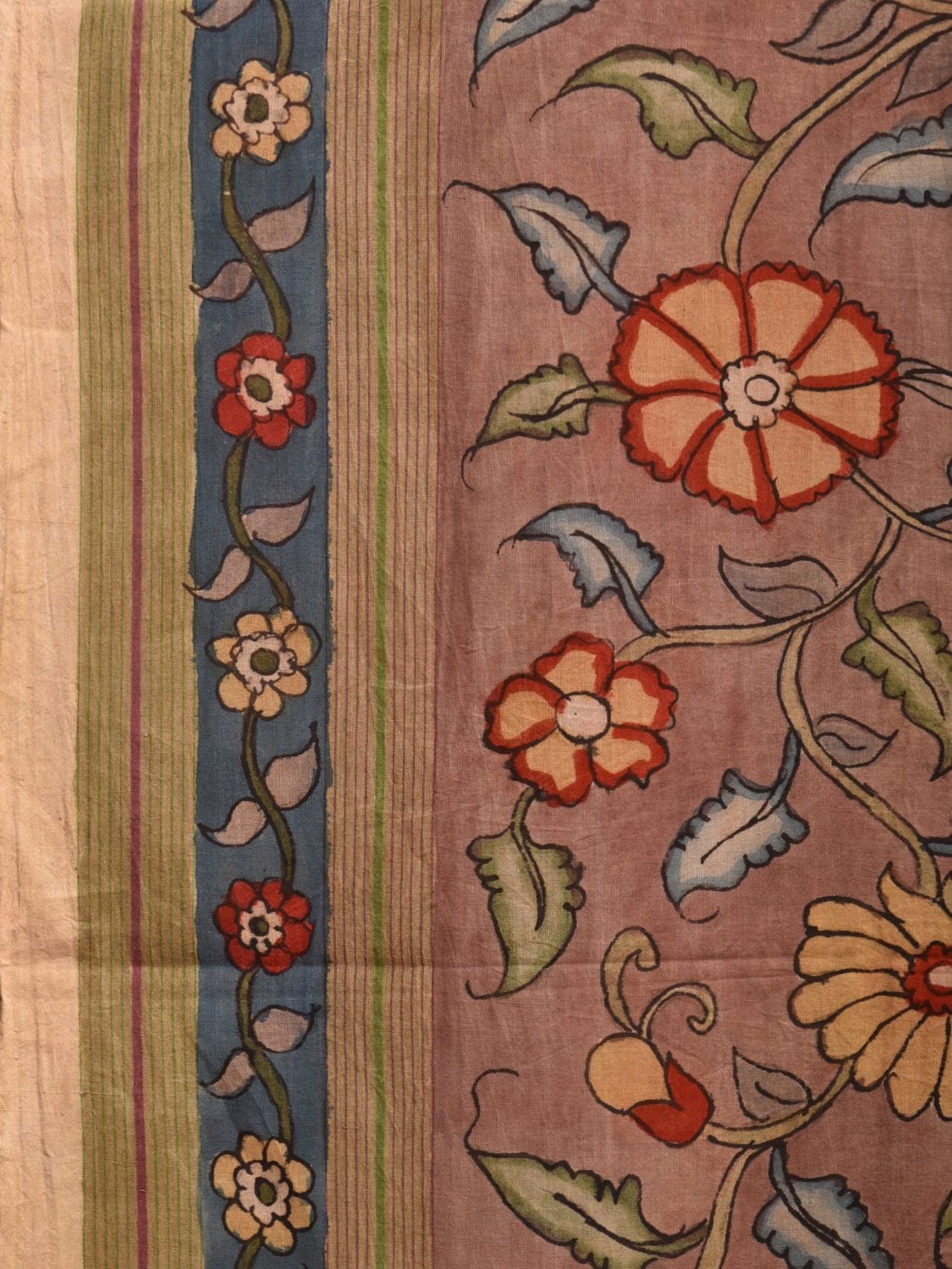 Khaki Kalamkari Hand Painted Mangalgiri Cotton Handloom Saree with Floral Design KL0774