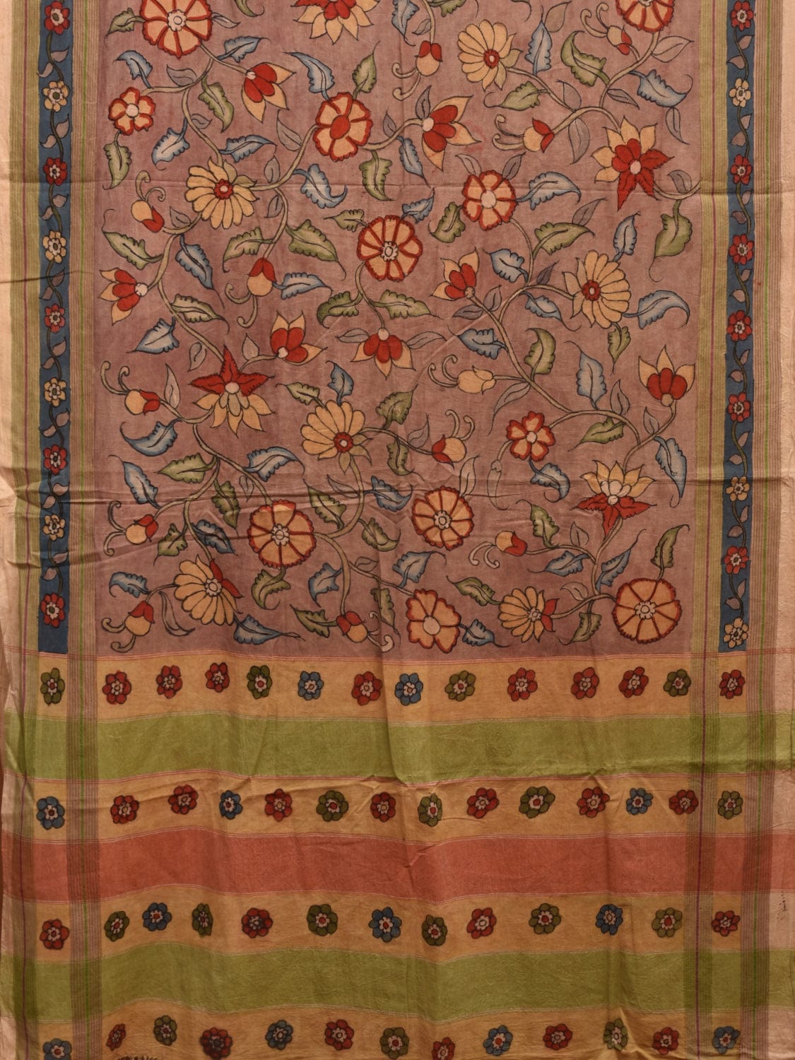 Khaki Kalamkari Hand Painted Mangalgiri Cotton Handloom Saree with Floral Design KL0774