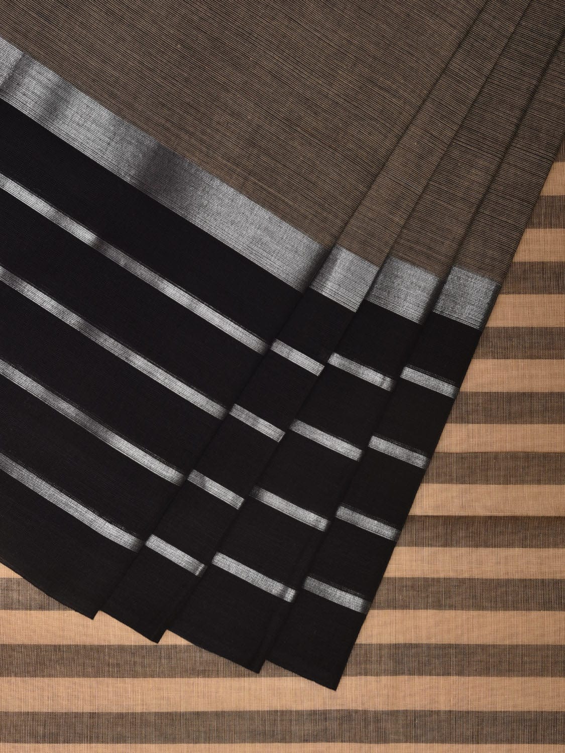 Khaki Kanchipuram Cotton Handloom Saree with Strips Border and Pallu Design k0572