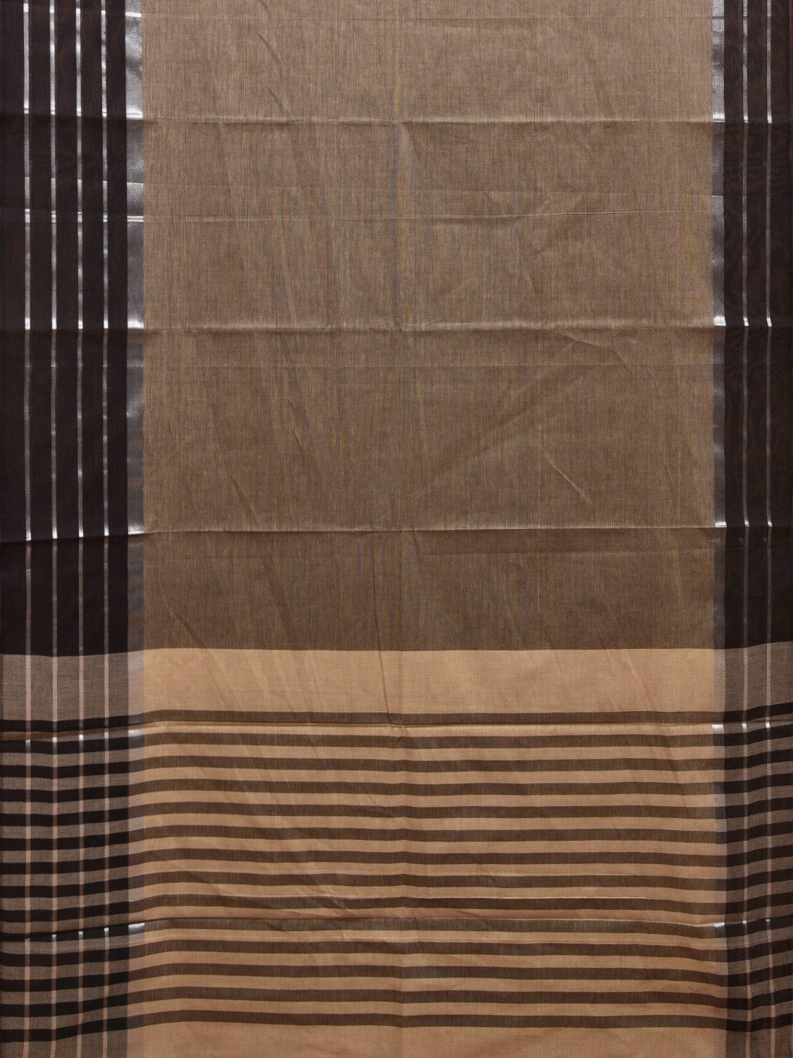 Khaki Kanchipuram Cotton Handloom Saree with Strips Border and Pallu Design k0572