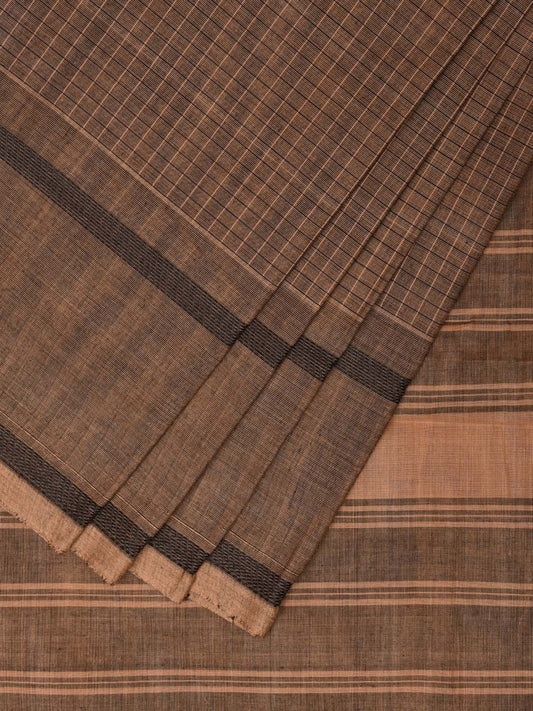 Khaki Kanchipuram Cotton Saree with Checks and Strips Pallu Design k0719