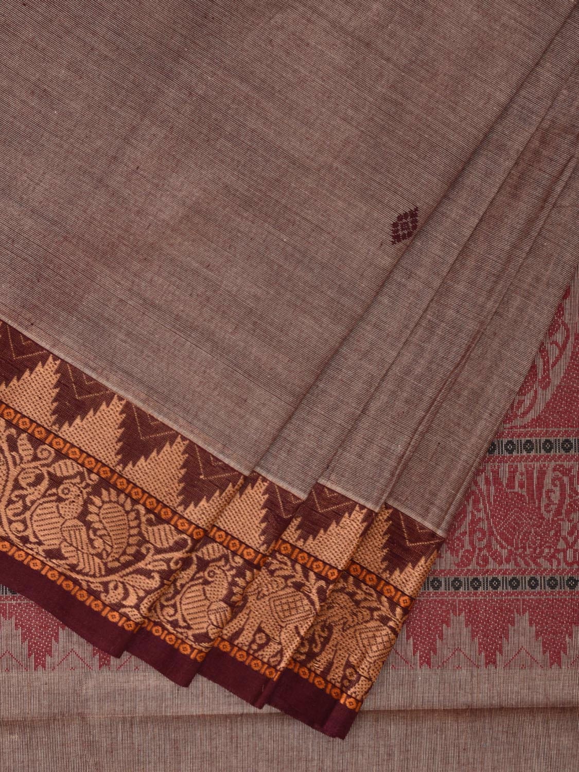 Khaki Kanchipuram Cotton Saree with Shikar Pallu and Temple Border Design k0727