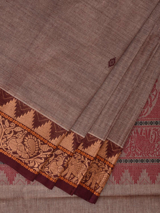 Khaki Kanchipuram Cotton Saree with Shikar Pallu and Temple Border Design k0727