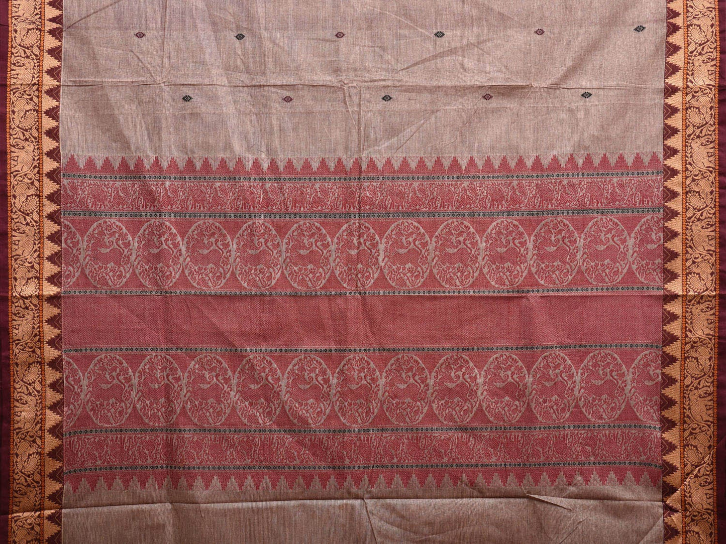 Khaki Kanchipuram Cotton Saree with Shikar Pallu and Temple Border Design k0727