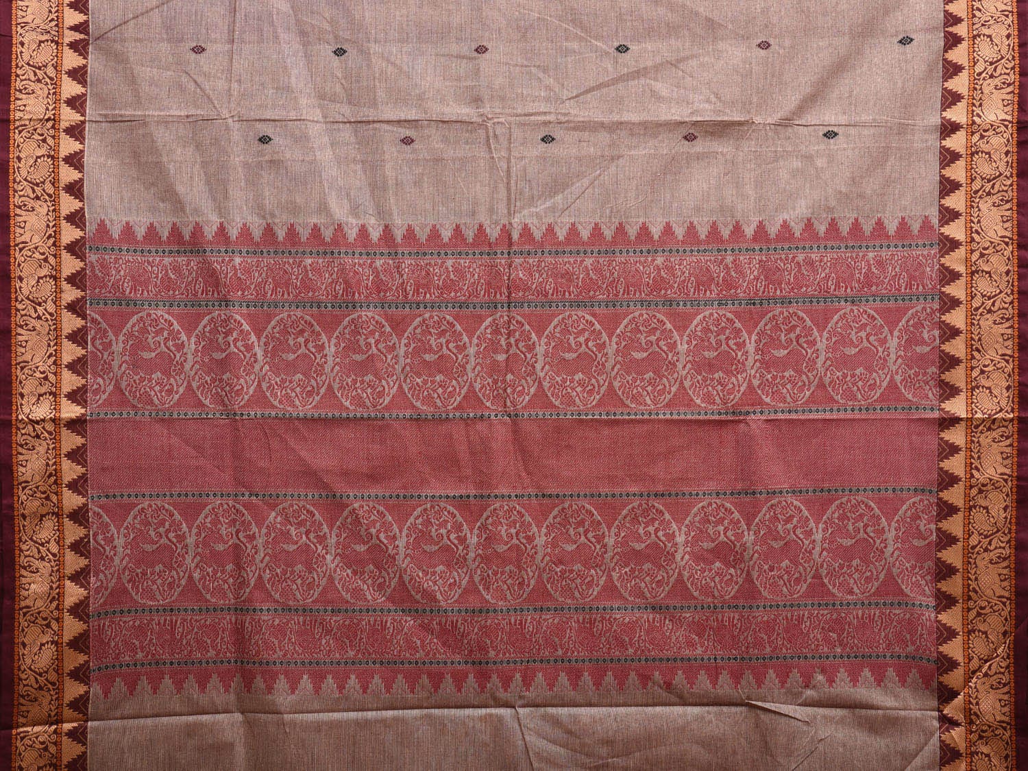 Khaki Kanchipuram Cotton Saree with Shikar Pallu and Temple Border Design k0727