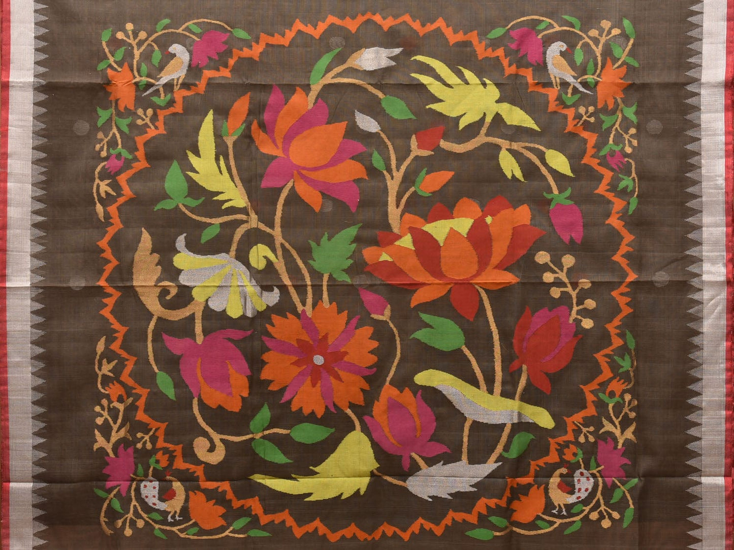 Khaki Khadi Cotton Handloom Saree with Circle Lotus Pallu Design kh0585