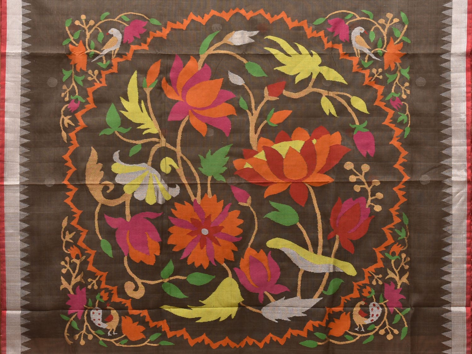 Khaki Khadi Cotton Handloom Saree with Circle Lotus Pallu Design kh0585