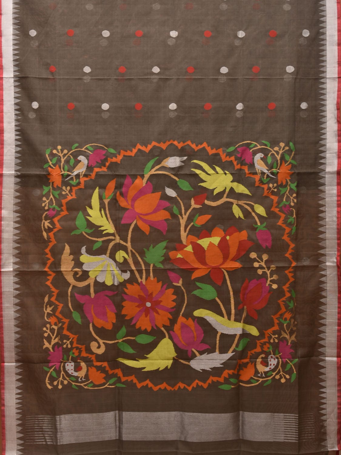 Khaki Khadi Cotton Handloom Saree with Circle Lotus Pallu Design kh0585