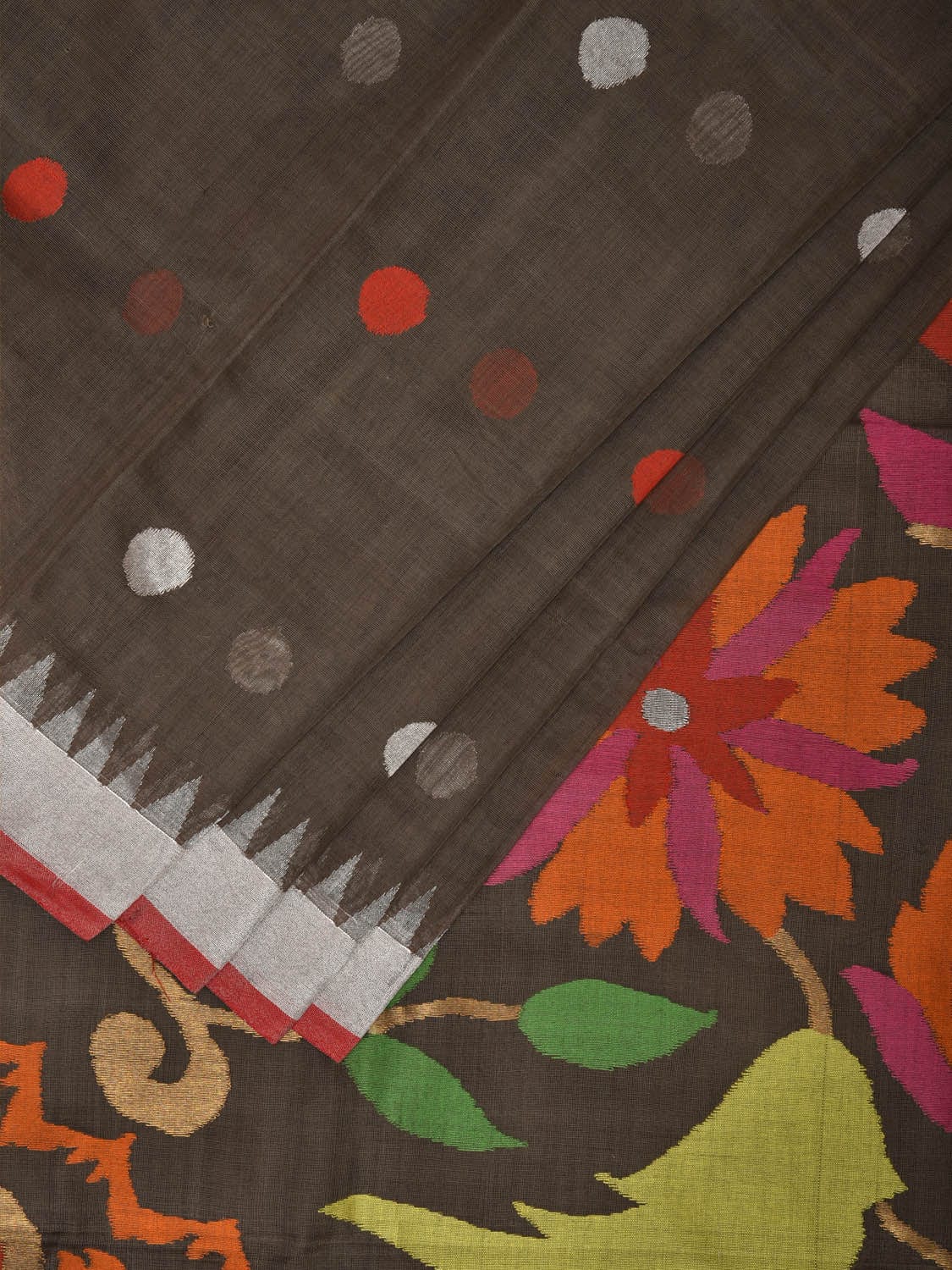 Khaki Khadi Cotton Handloom Saree with Circle Lotus Pallu Design kh0585