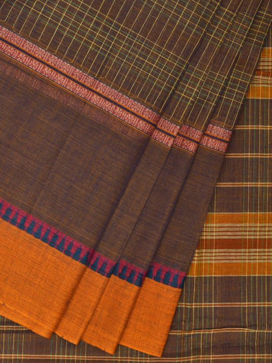 Khaki Narayanpet Cotton Handloom Saree with Checks and Big Border Design No Blouse np0861