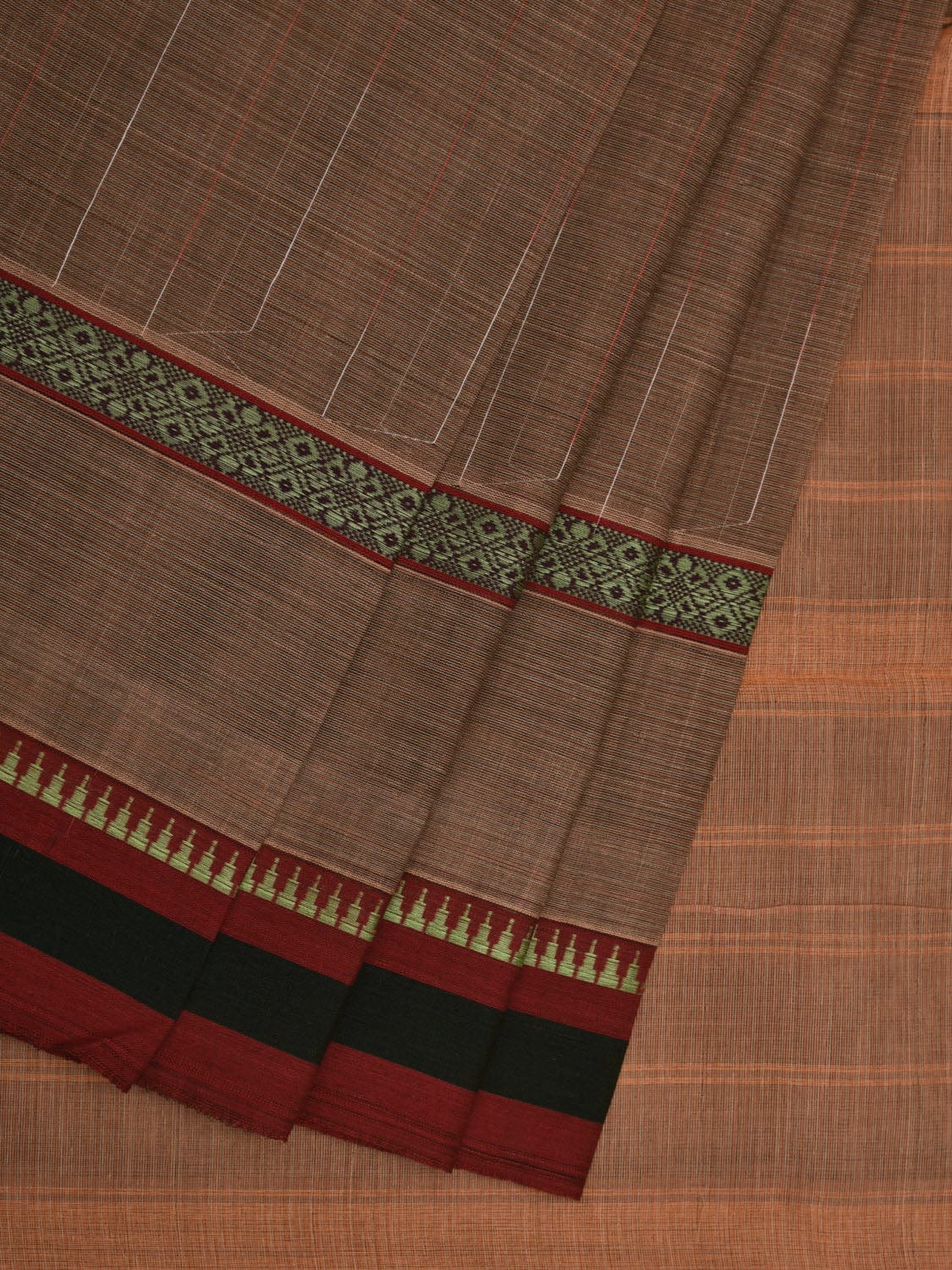 Khaki Narayanpet Cotton Handloom Saree with Checks Design No Blouse np0617