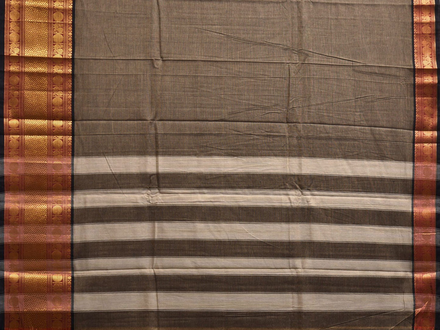 Khaki Narayanpet Cotton Plain Saree with Strips Pallu and Big Border Design No Blouse np1124