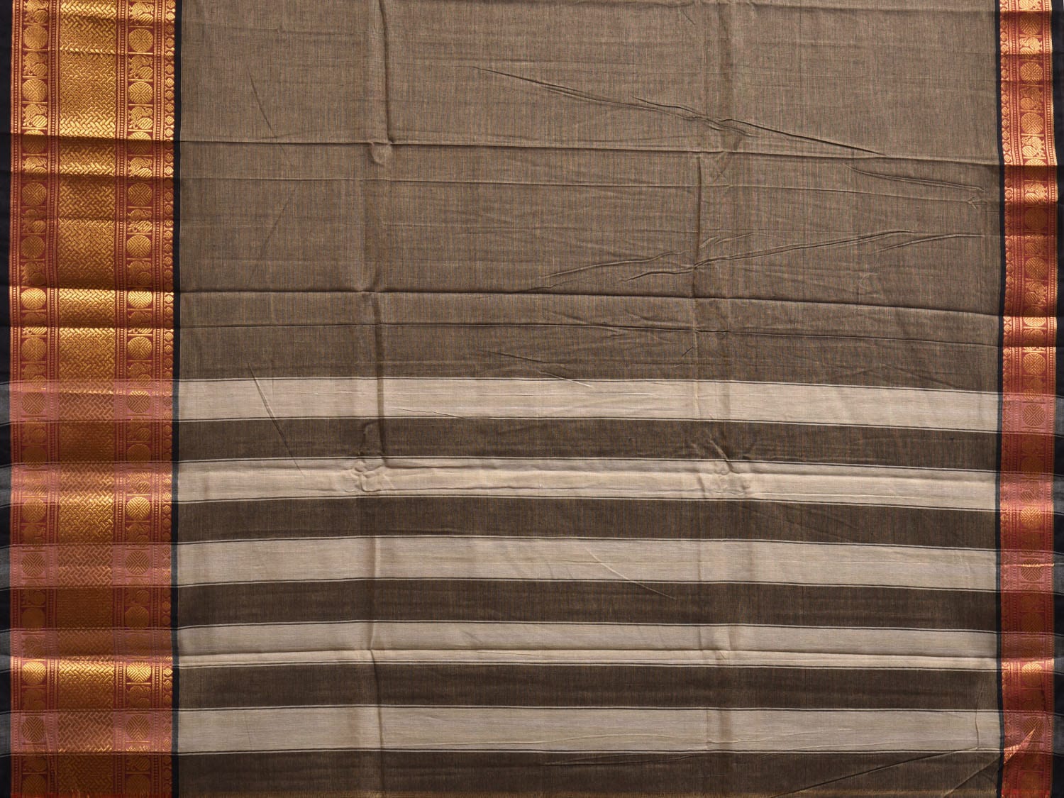 Khaki Narayanpet Cotton Plain Saree with Strips Pallu and Big Border Design No Blouse np1124