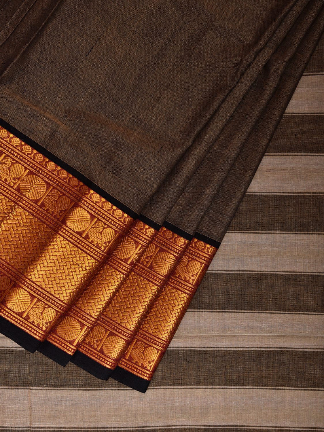Khaki Narayanpet Cotton Plain Saree with Strips Pallu and Big Border Design No Blouse np1124