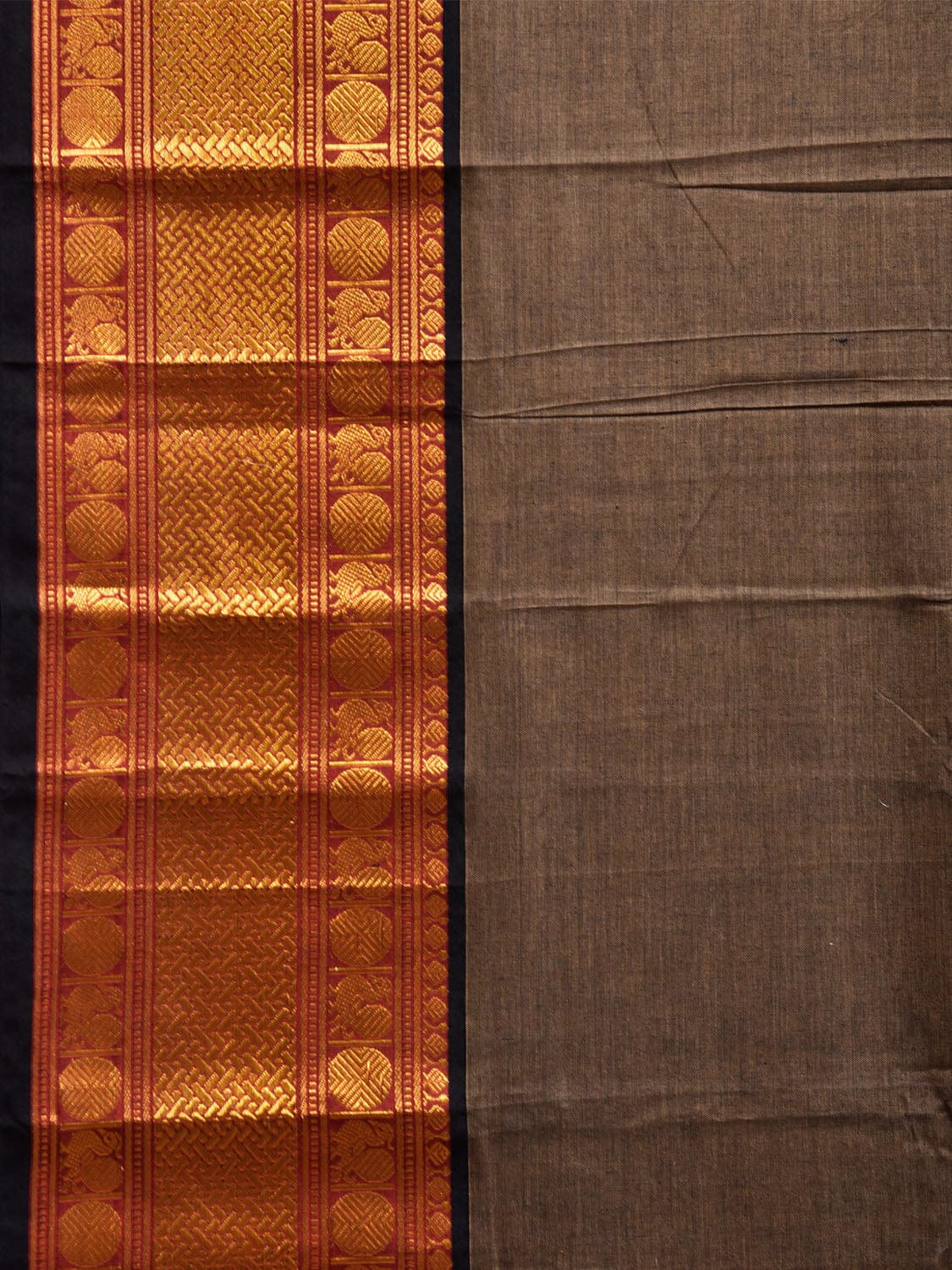 Khaki Narayanpet Cotton Plain Saree with Strips Pallu and Big Border Design No Blouse np1124