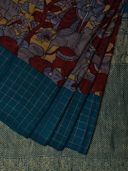 Multicolor Kalamkari Hand Painted Gadwal Silk Handloom Saree with Krishna Leela Design KL0528