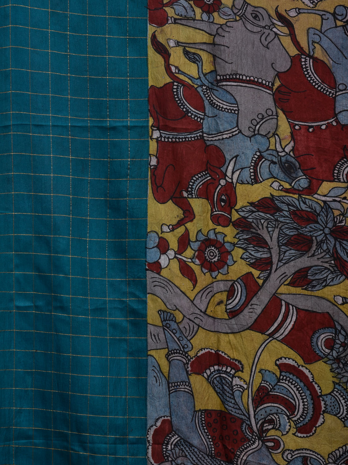 Multicolor Kalamkari Hand Painted Gadwal Silk Handloom Saree with Krishna Leela Design KL0528