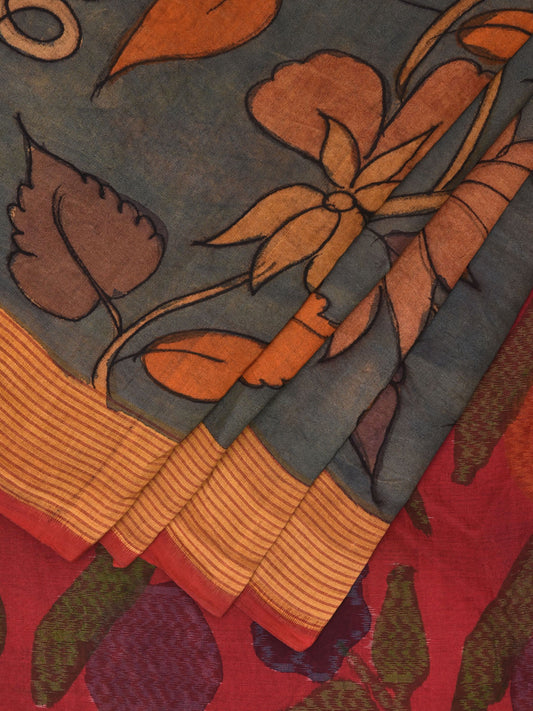 Blue and Red Kalamkari Hand Painted Ikat Sico Saree with Lotus Flower Design No Blouse KL0783