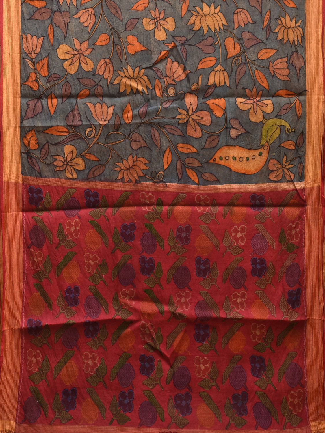 Blue and Red Kalamkari Hand Painted Ikat Sico Saree with Lotus Flower Design No Blouse KL0783