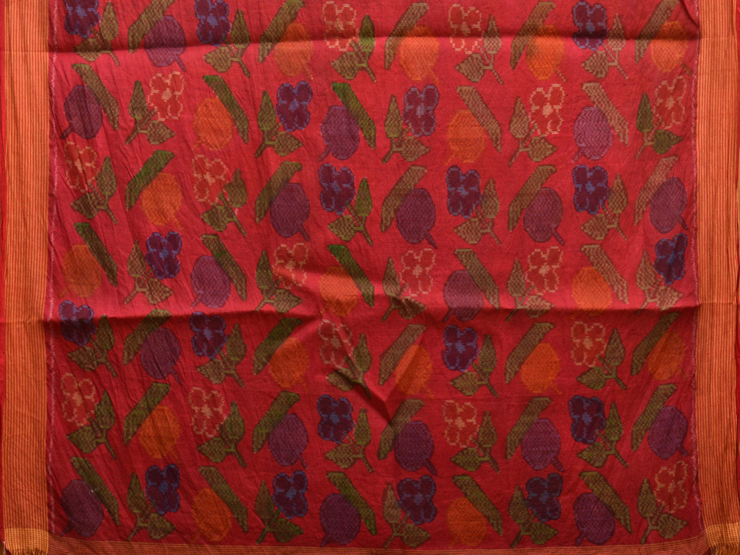 Blue and Red Kalamkari Hand Painted Ikat Sico Saree with Lotus Flower Design No Blouse KL0783