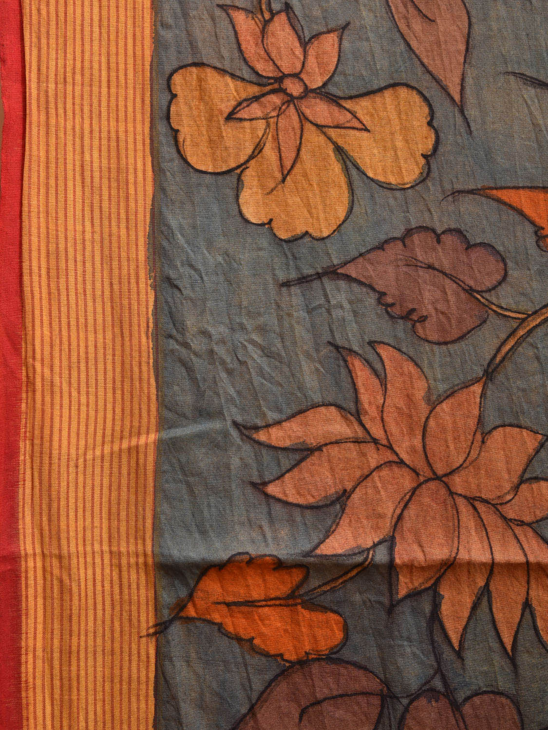 Blue and Red Kalamkari Hand Painted Ikat Sico Saree with Lotus Flower Design No Blouse KL0783
