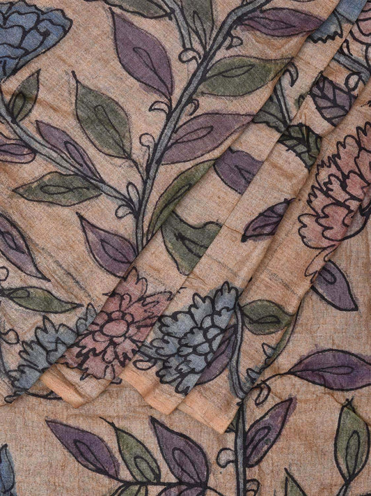 Cream Kalamkari Hand Painted Tussar Saree with All Over Floral Design KL0784