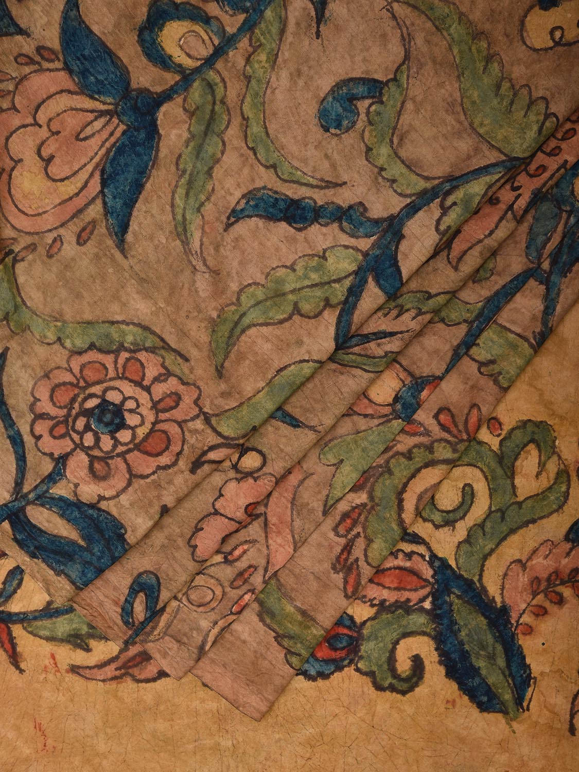 Fawn Kalamkari Hand Painted Silk Handloom Saree with Big Floral Design KL0786