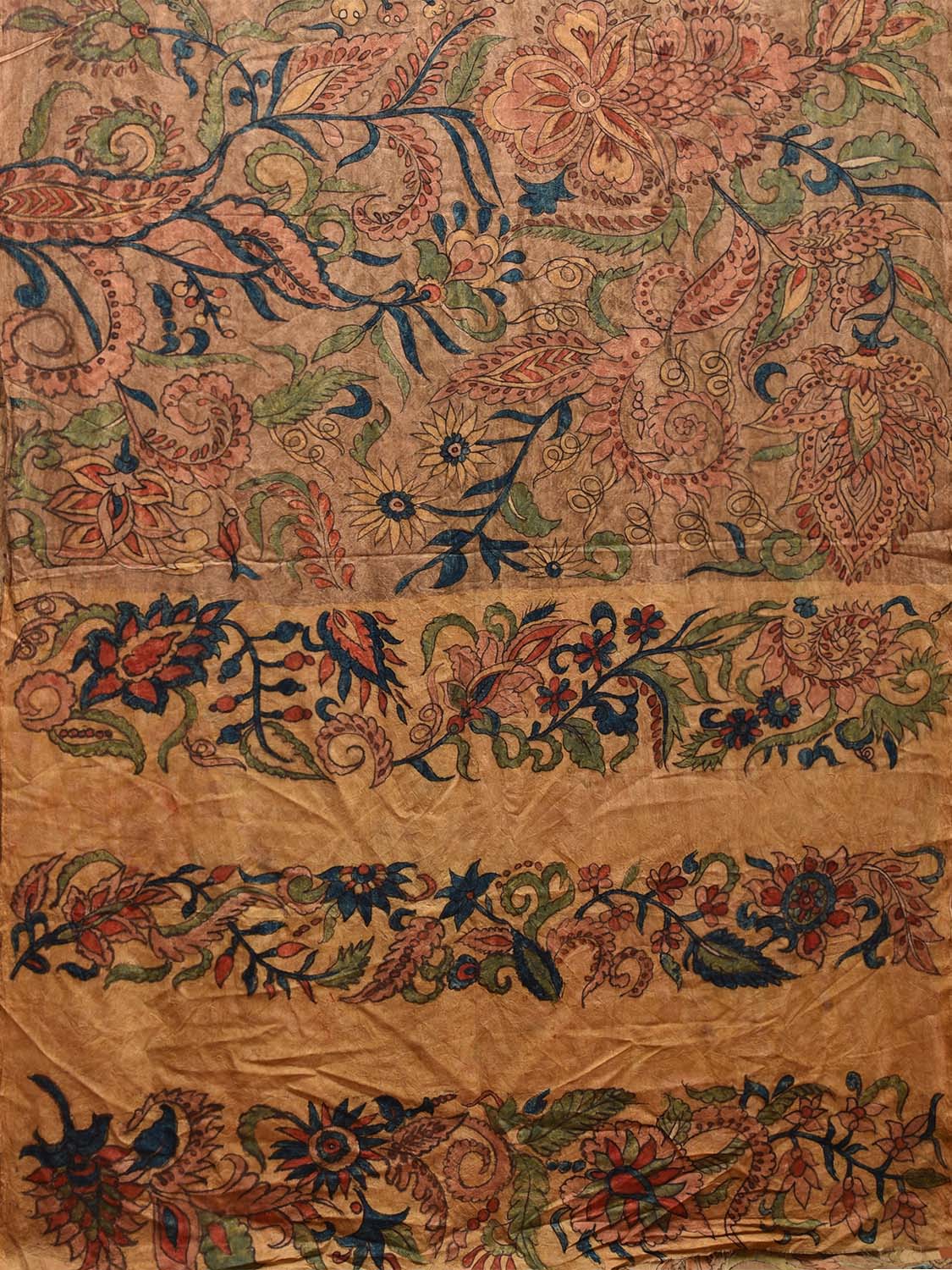 Fawn Kalamkari Hand Painted Silk Handloom Saree with Big Floral Design KL0786