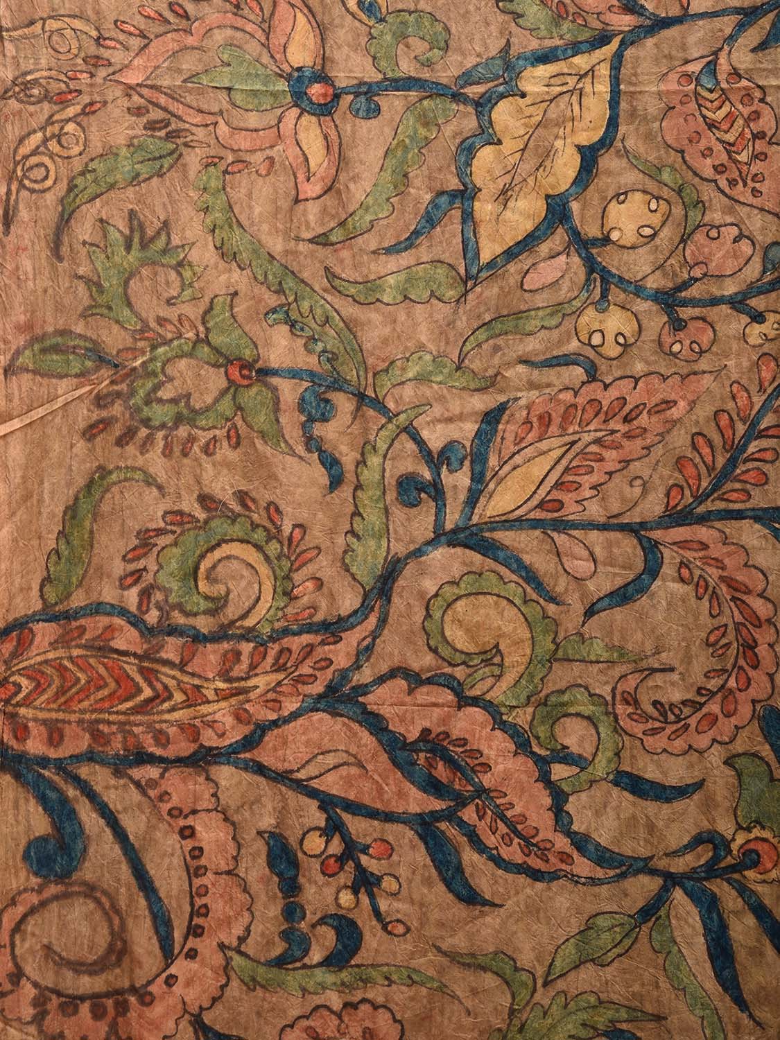 Fawn Kalamkari Hand Painted Silk Handloom Saree with Big Floral Design KL0786