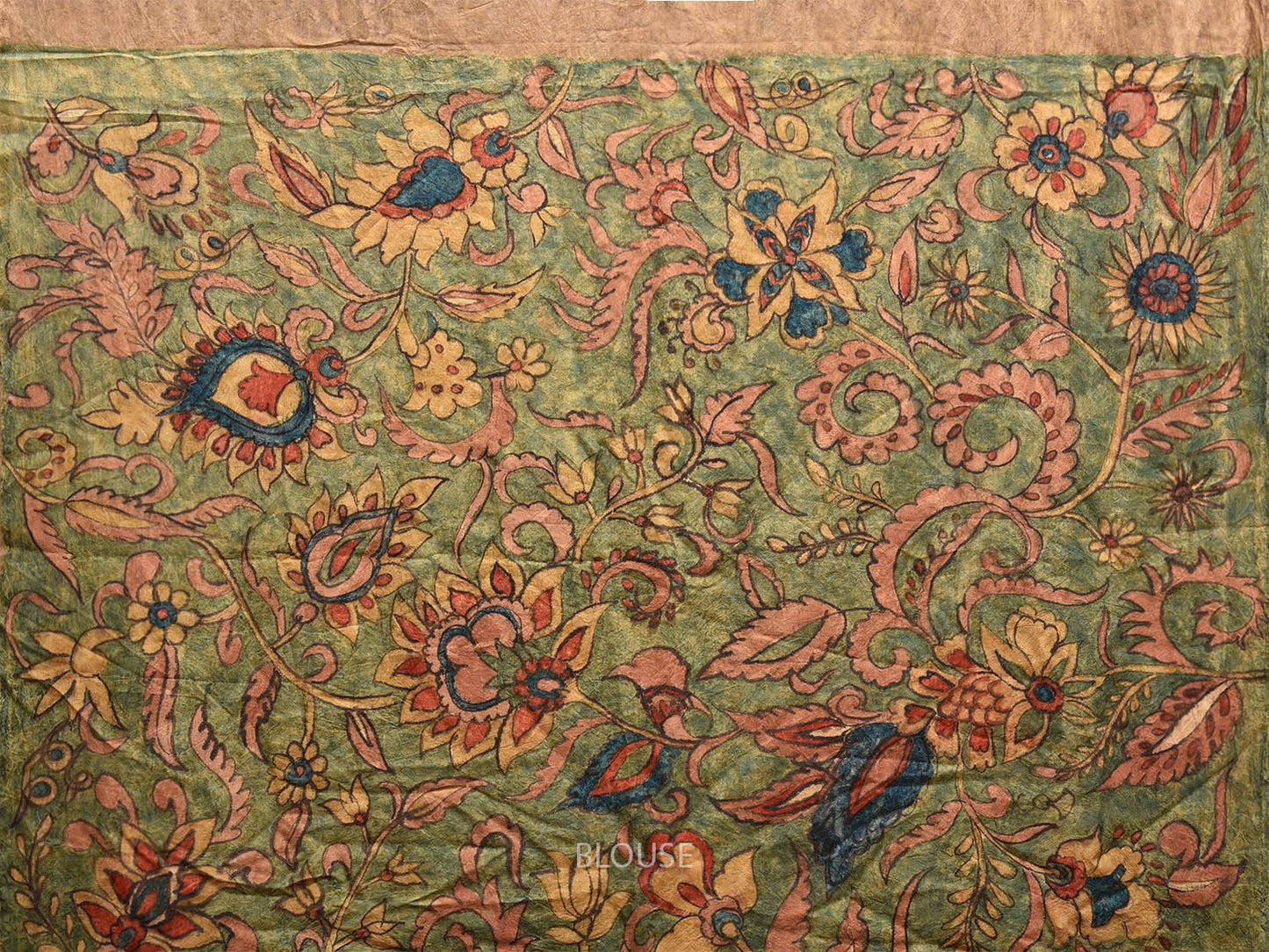 Fawn Kalamkari Hand Painted Silk Handloom Saree with Big Floral Design KL0786