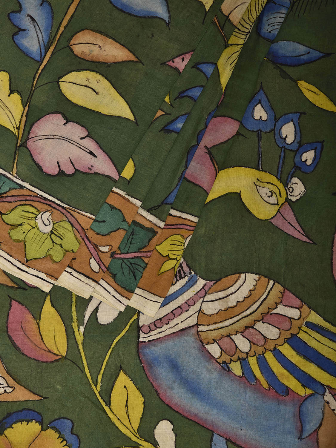 Green Kalamkari Hand Painted Cotton Saree with Big Floral and Peacocks Pallu Design KL0811