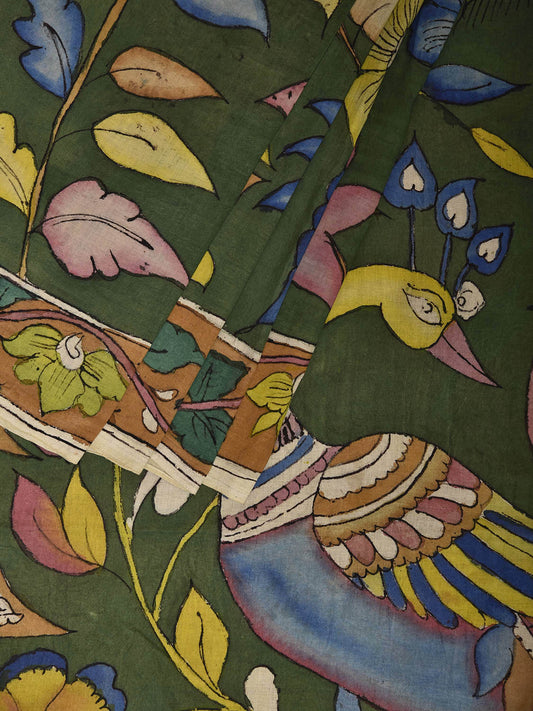 Green Kalamkari Hand Painted Cotton Saree with Big Floral and Peacocks Pallu Design KL0811