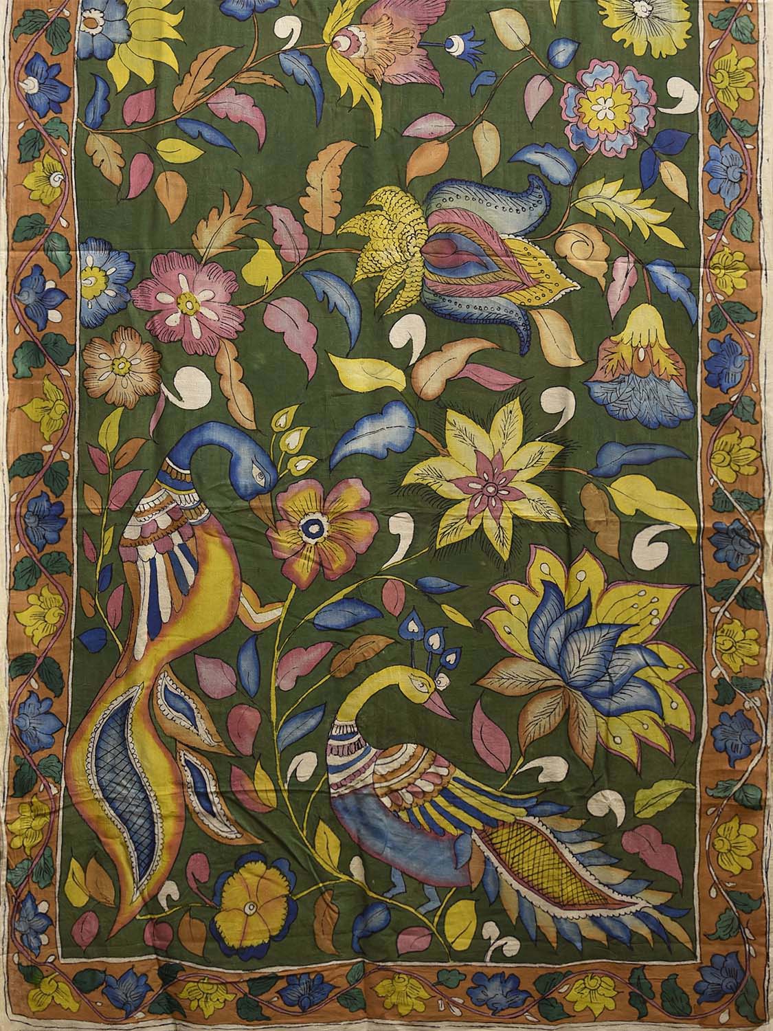 Green Kalamkari Hand Painted Cotton Saree with Big Floral and Peacocks Pallu Design KL0811