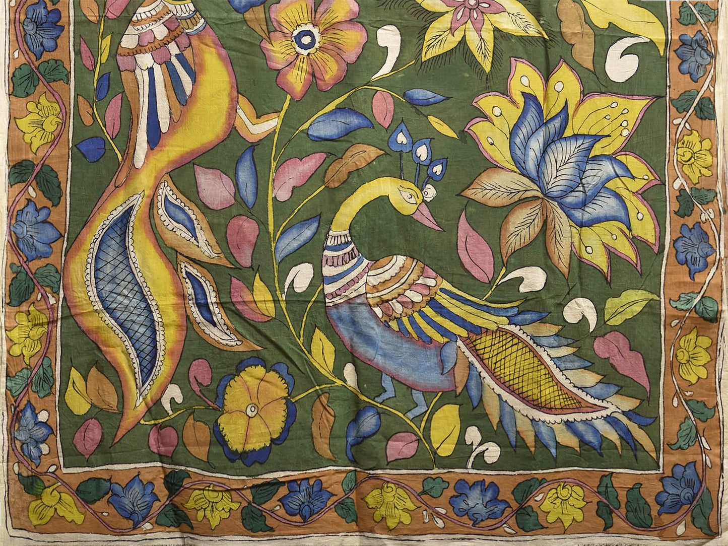 Green Kalamkari Hand Painted Cotton Saree with Big Floral and Peacocks Pallu Design KL0811