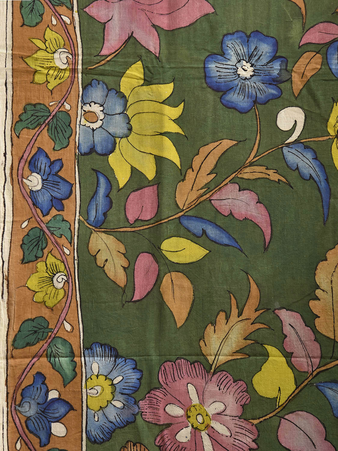 Green Kalamkari Hand Painted Cotton Saree with Big Floral and Peacocks Pallu Design KL0811