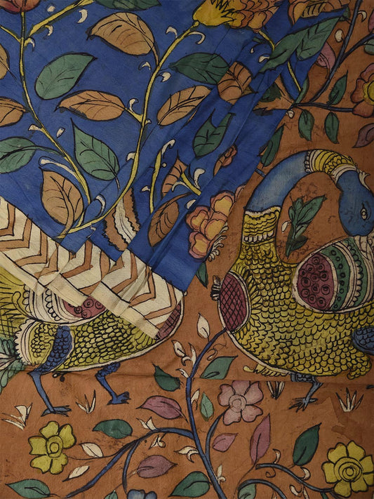 Blue and Fawn Hand Painted Silk Saree with Big Floral and Peacocks Pallu Design KL0812