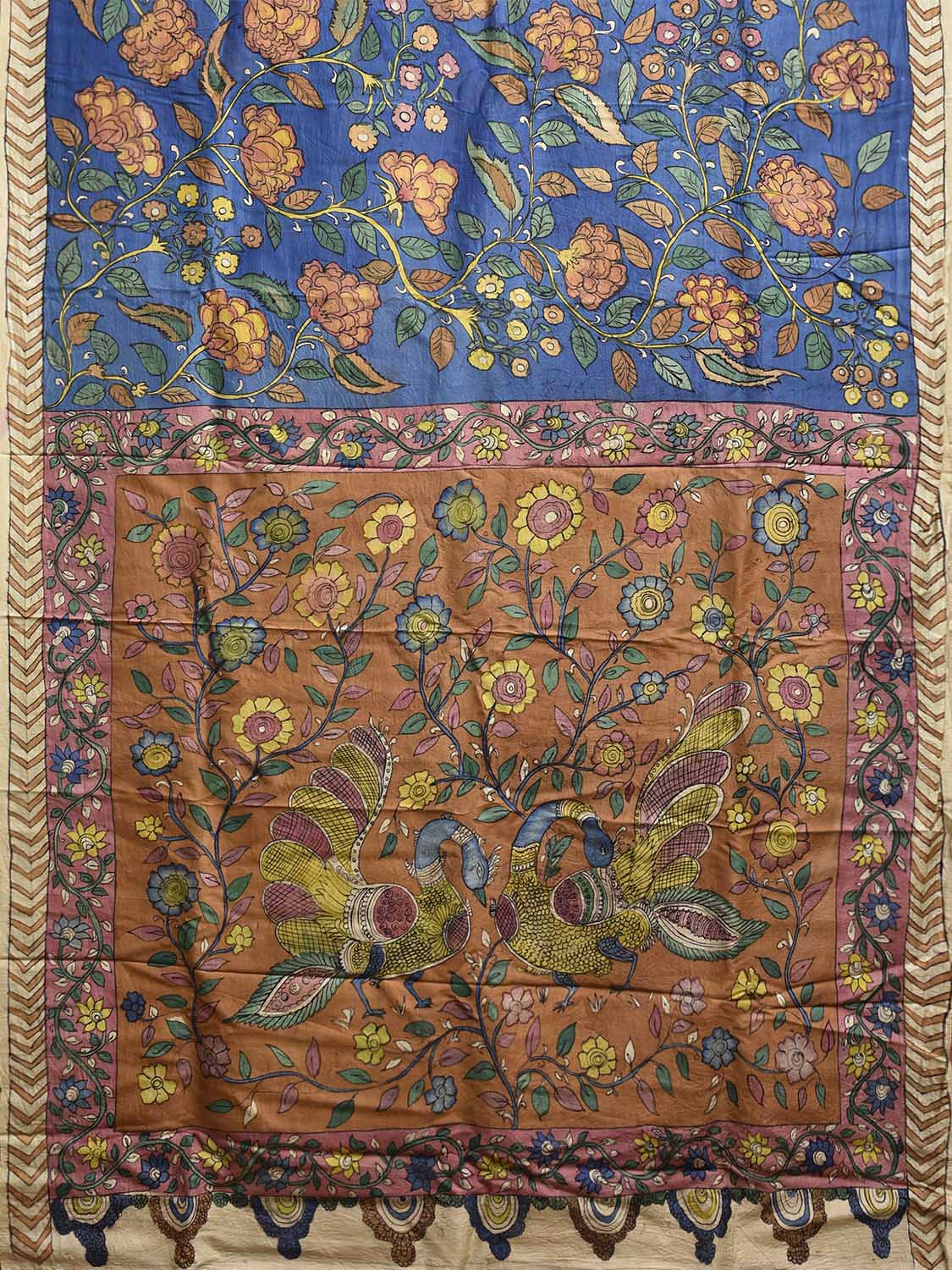 Blue and Fawn Hand Painted Silk Saree with Big Floral and Peacocks Pallu Design KL0812