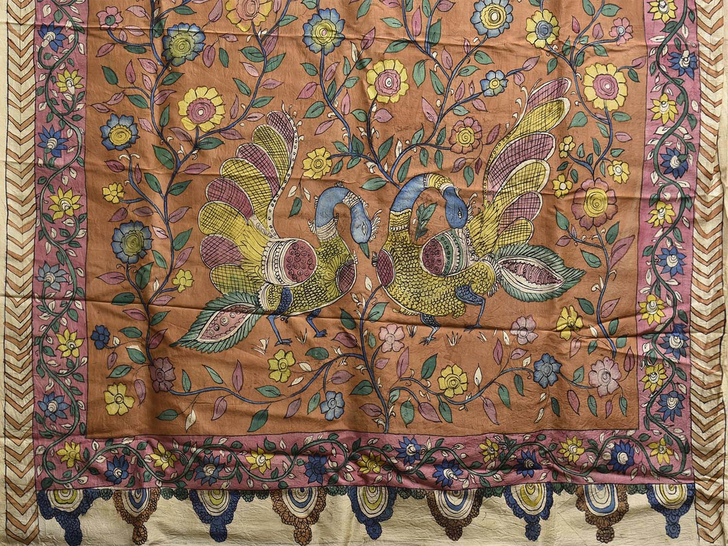 Blue and Fawn Hand Painted Silk Saree with Big Floral and Peacocks Pallu Design KL0812