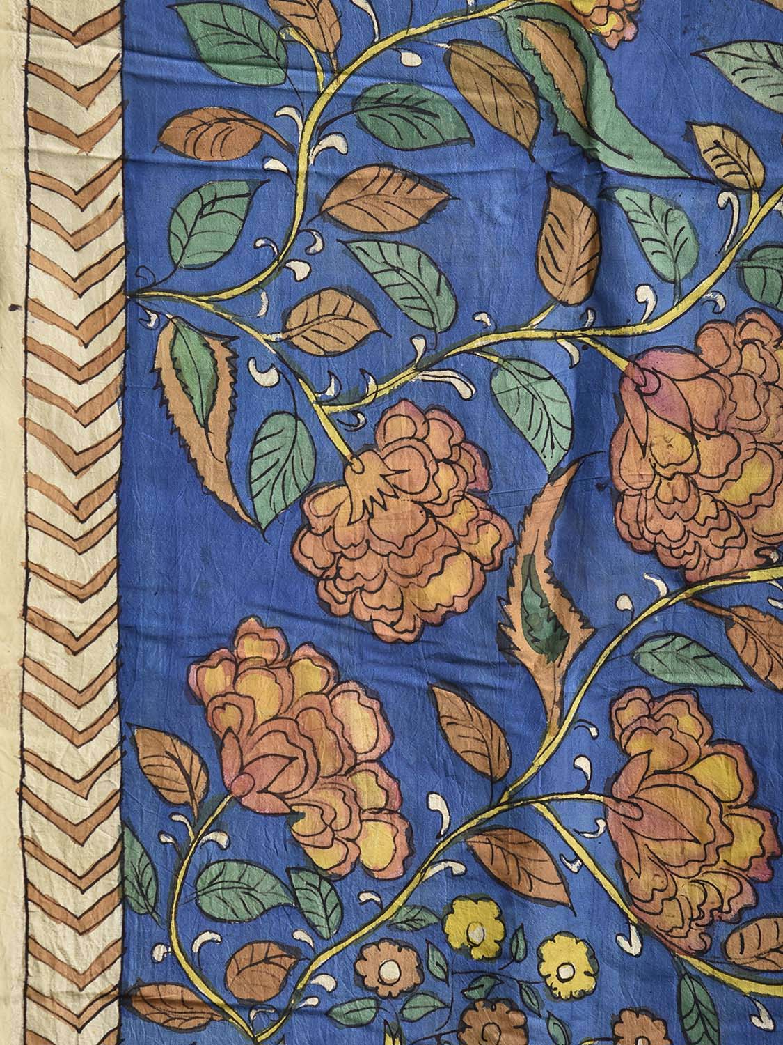 Blue and Fawn Hand Painted Silk Saree with Big Floral and Peacocks Pallu Design KL0812