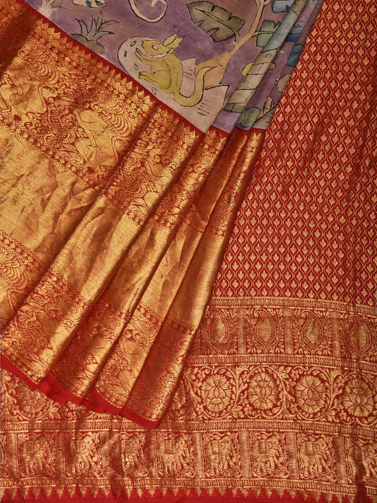 Light Burdungy and Red Kalamkari Hand Painted Kanchipuram Silk Handloom Saree with Village Theme Design KL0813