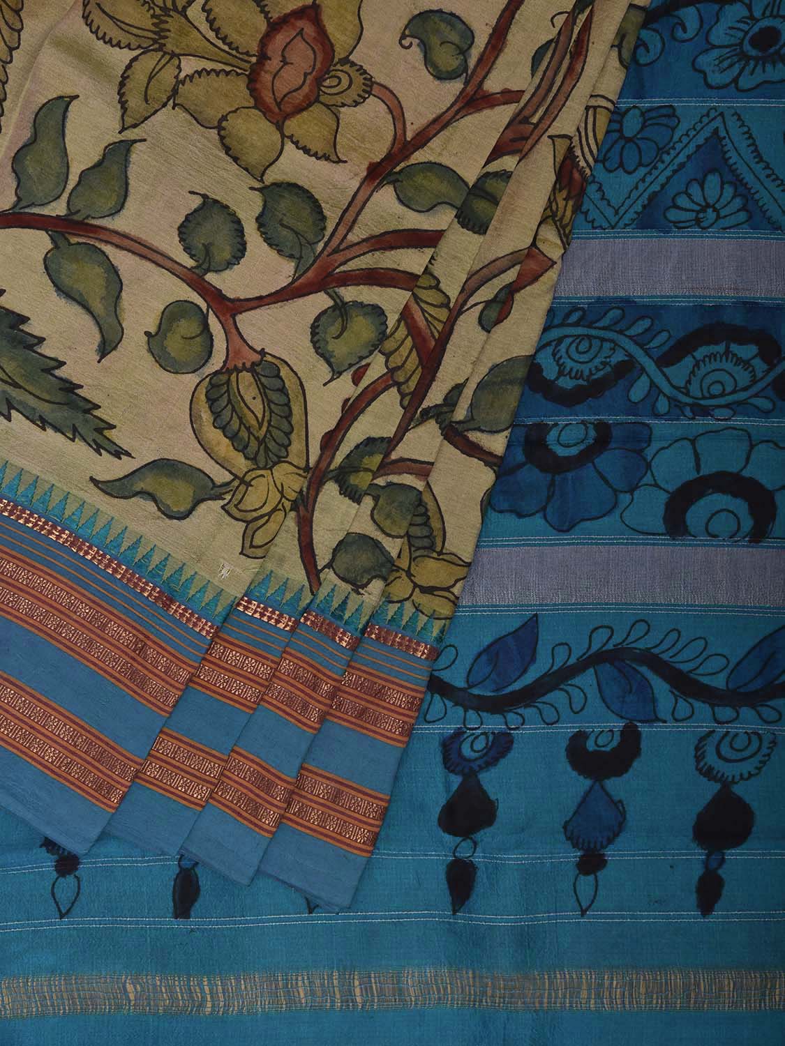 Light Green and Light Blue Kalamkari Hand Painted Narayanpet Silk Saree with Floral Design No Blouse KL0814